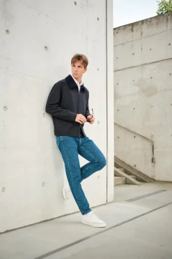 Men Golf Jacket Pressed Wool and Boucle Navy Blue