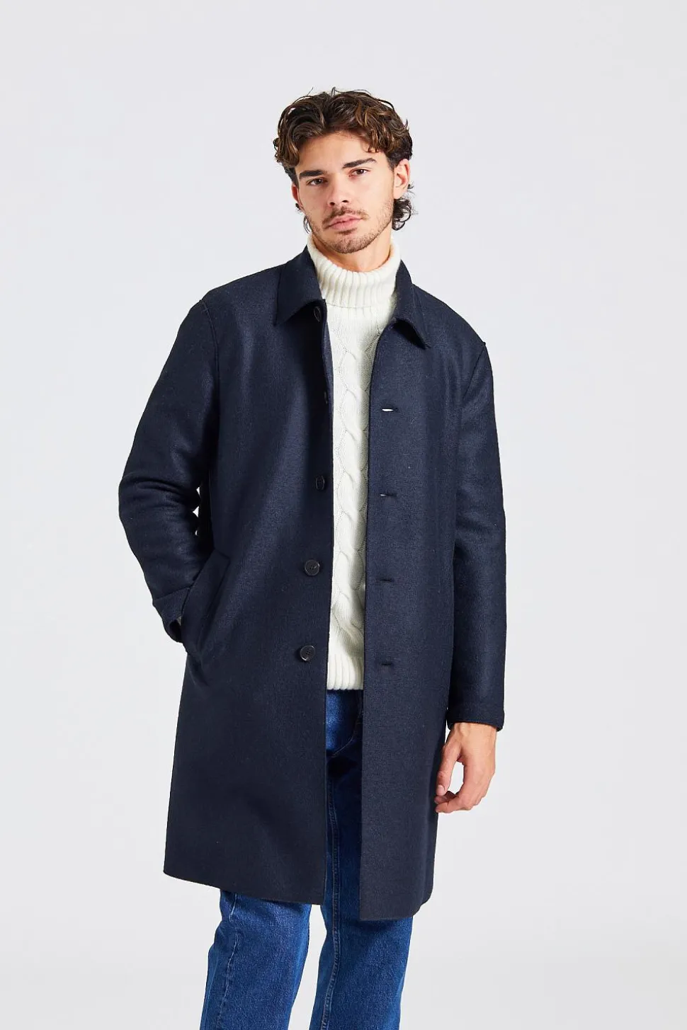 Men Mac Coat Pressed Wool Dark Blue