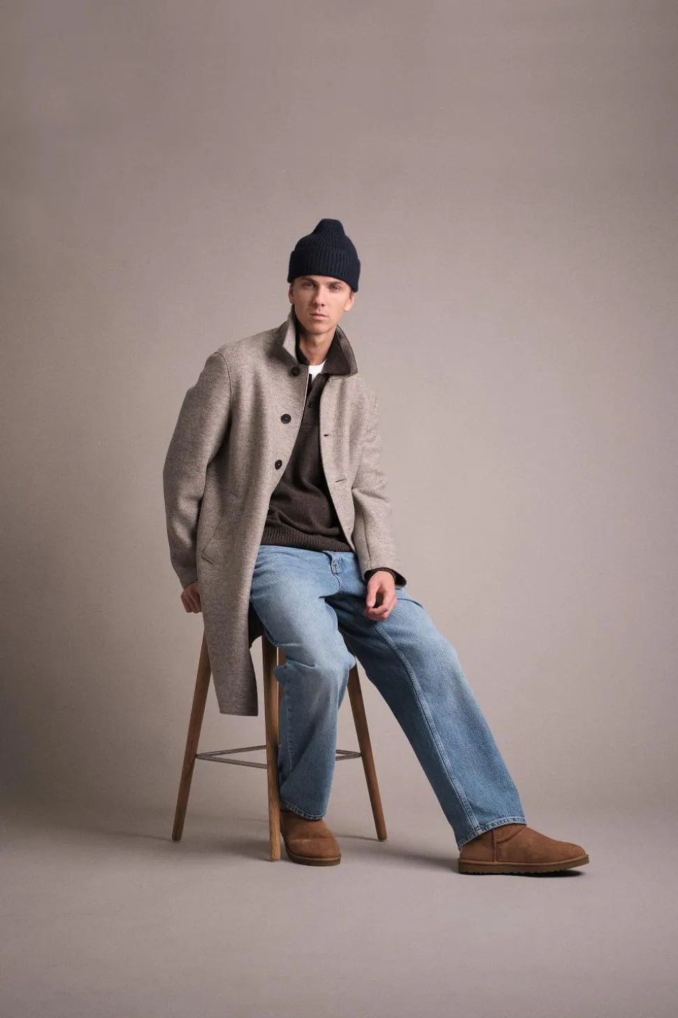 Men Mac Coat Pressed Wool Natural Casha
