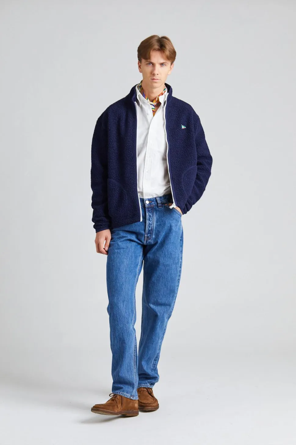 Navy Boucle Wool Zip Fleece Jacket