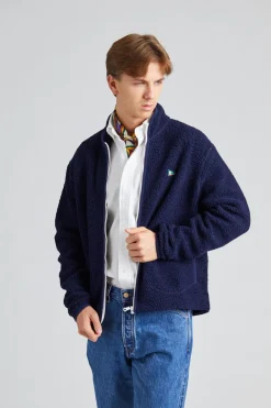 Navy Boucle Wool Zip Fleece Jacket