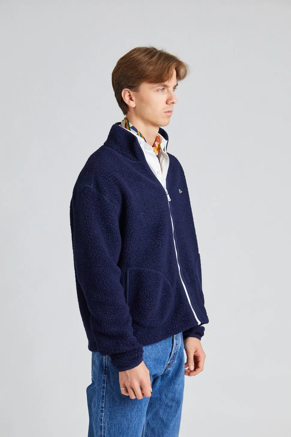 Navy Boucle Wool Zip Fleece Jacket