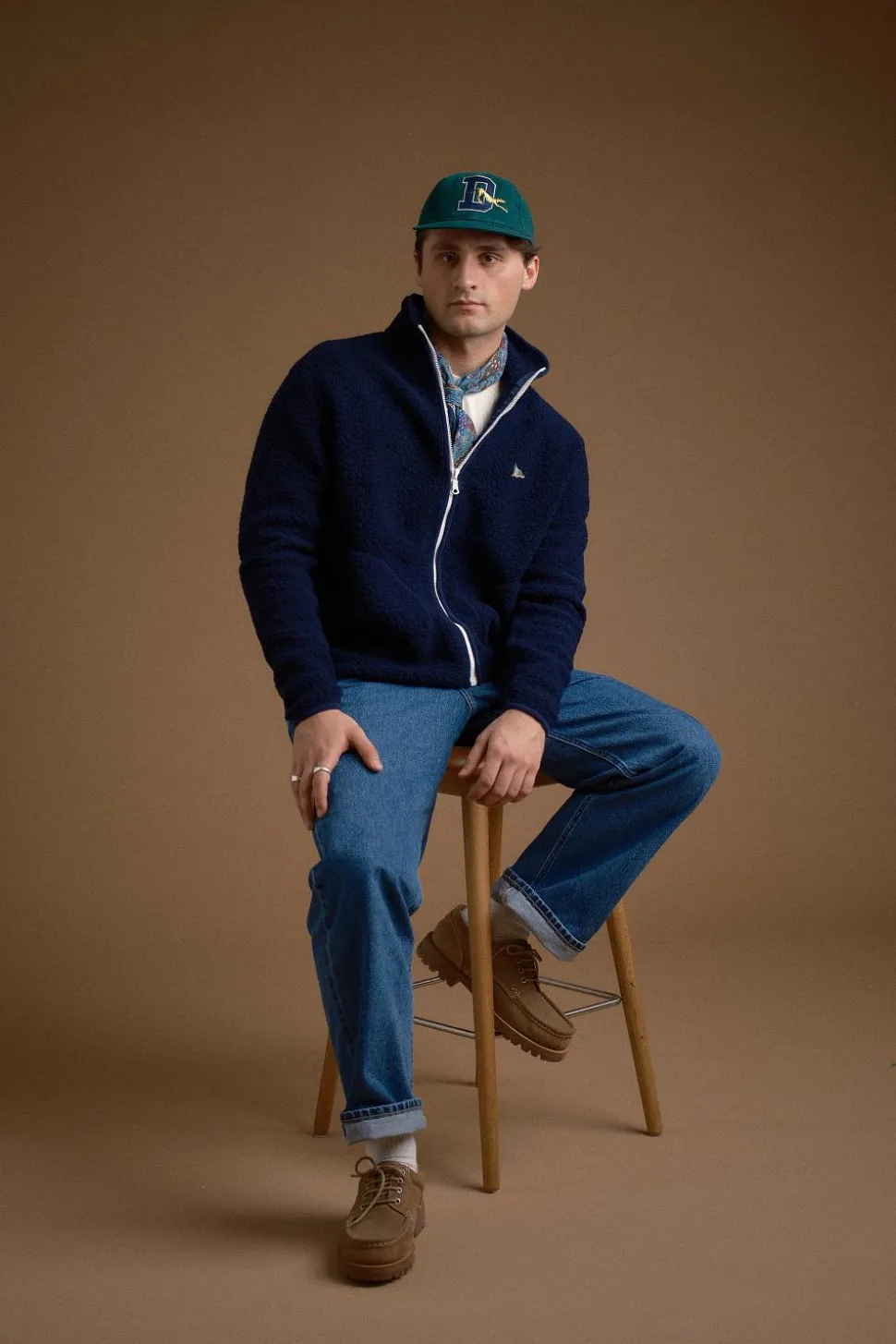 Navy Boucle Wool Zip Fleece Jacket
