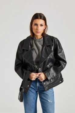 Oversized Leather Jacket Black/Taupe