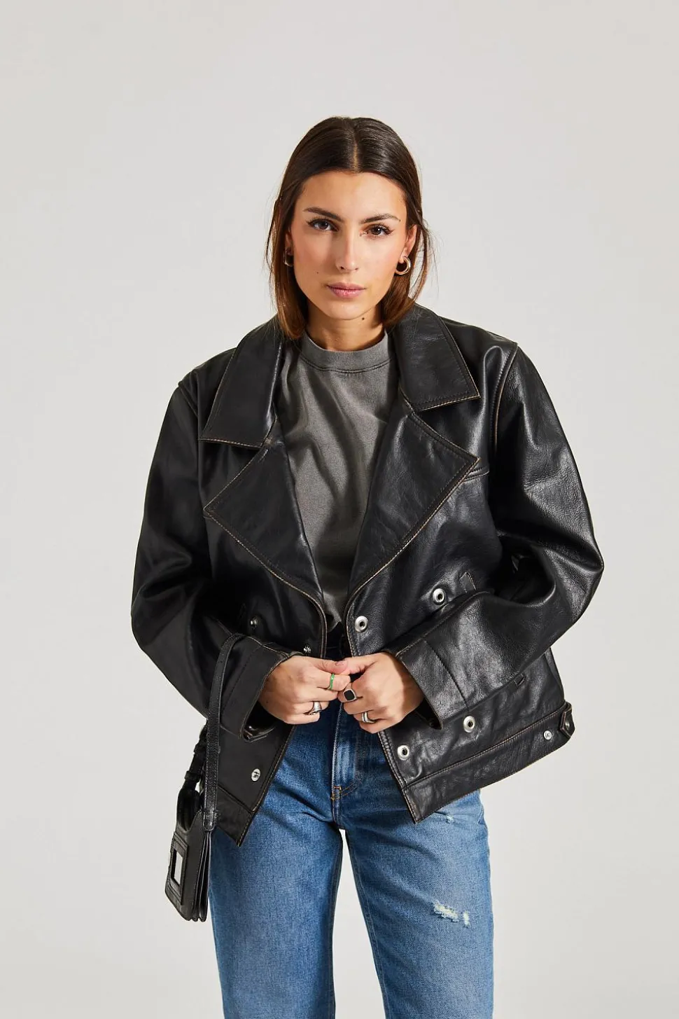 Oversized Leather Jacket Black/Taupe