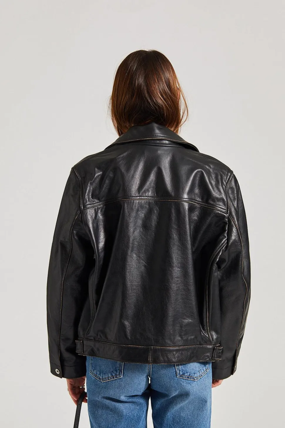 Oversized Leather Jacket Black/Taupe