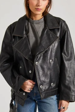 Oversized Leather Jacket Black/Taupe