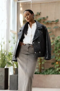 Oversized Leather Jacket Black/Taupe
