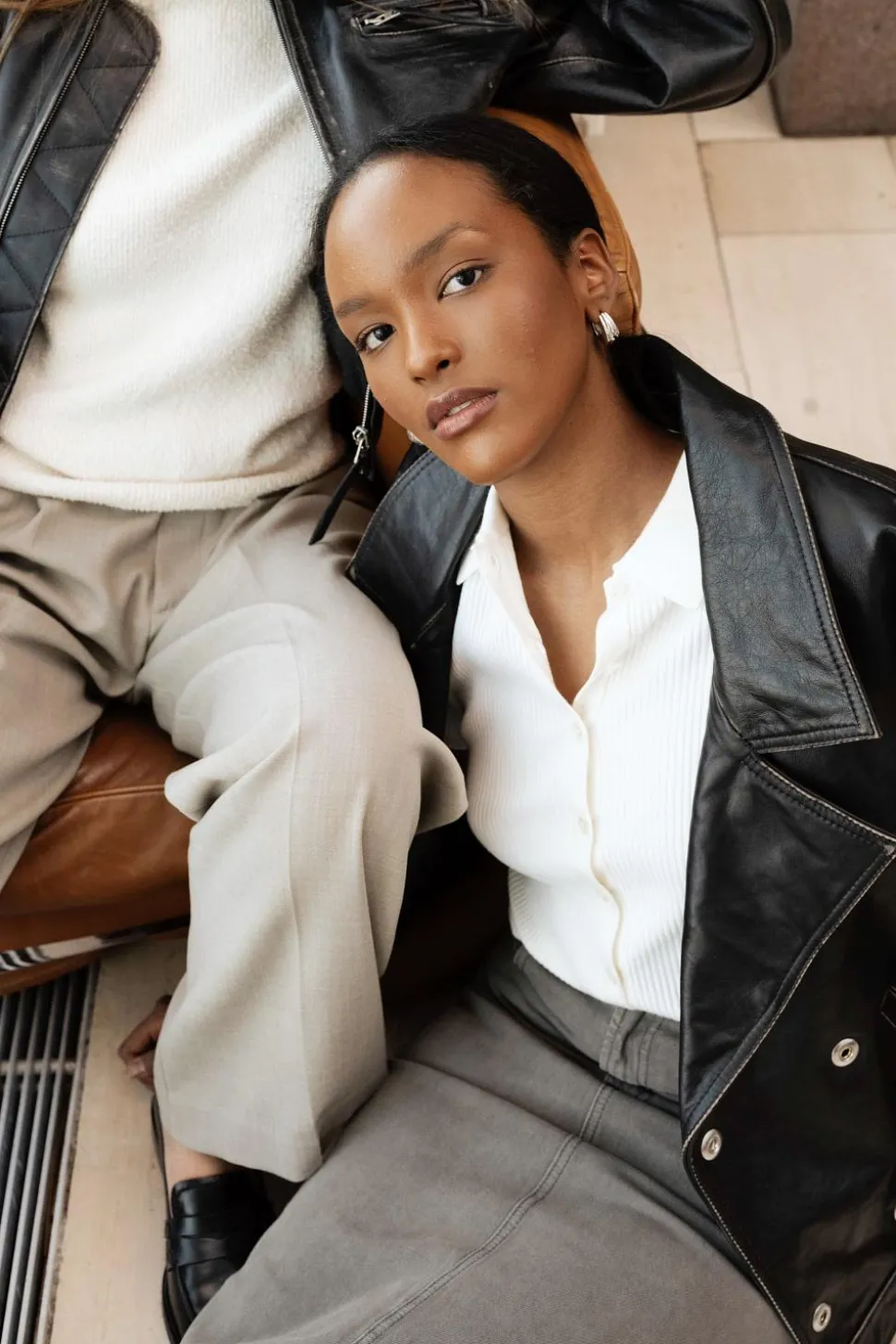 Oversized Leather Jacket Black/Taupe
