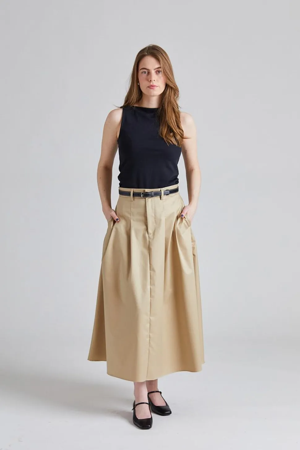 Pleated Midi Skirt Beige