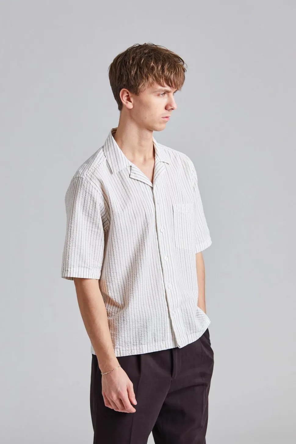 Reg Fit Cuban SS Striped Seersucker Shirt Snow White
