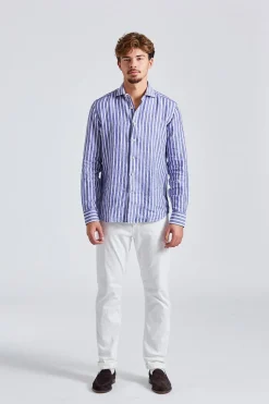 Regular Slim Cotton Linen Blue Stripe