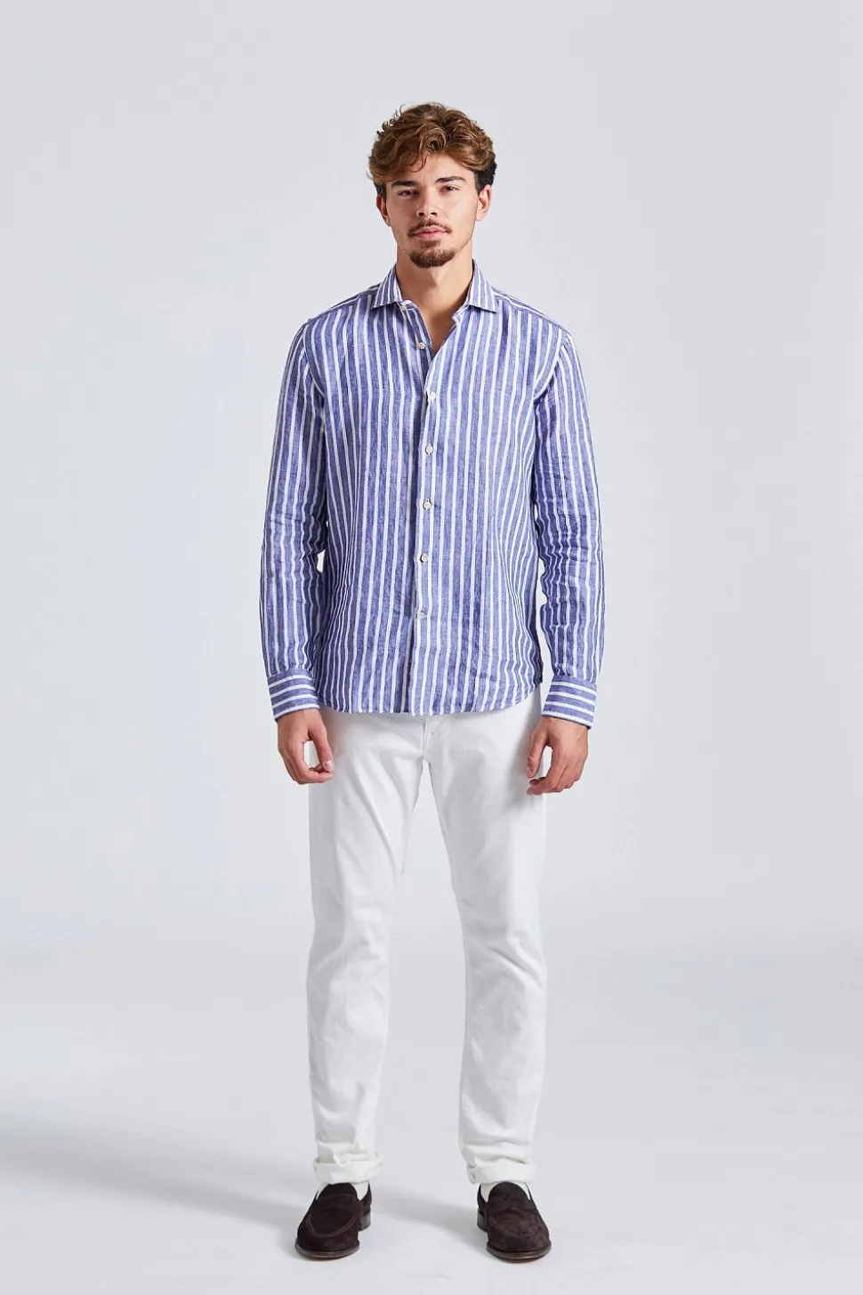 Regular Slim Cotton Linen Blue Stripe