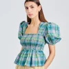 Seersucker Check Smock Blouse Lagoon
