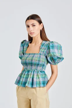 Seersucker Check Smock Blouse Lagoon