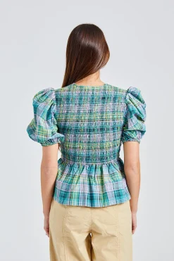 Seersucker Check Smock Blouse Lagoon