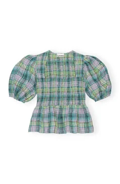 Seersucker Check Smock Blouse Lagoon