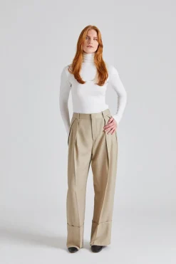 Wide Leg Turn Up Trouser Almond
