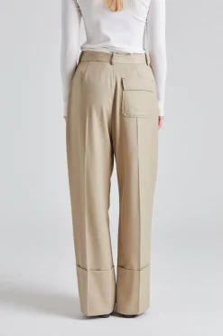 Wide Leg Turn Up Trouser Almond