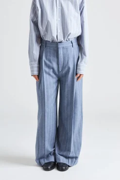 Wide Pleated Striped Trousers Grey Blue Stripe