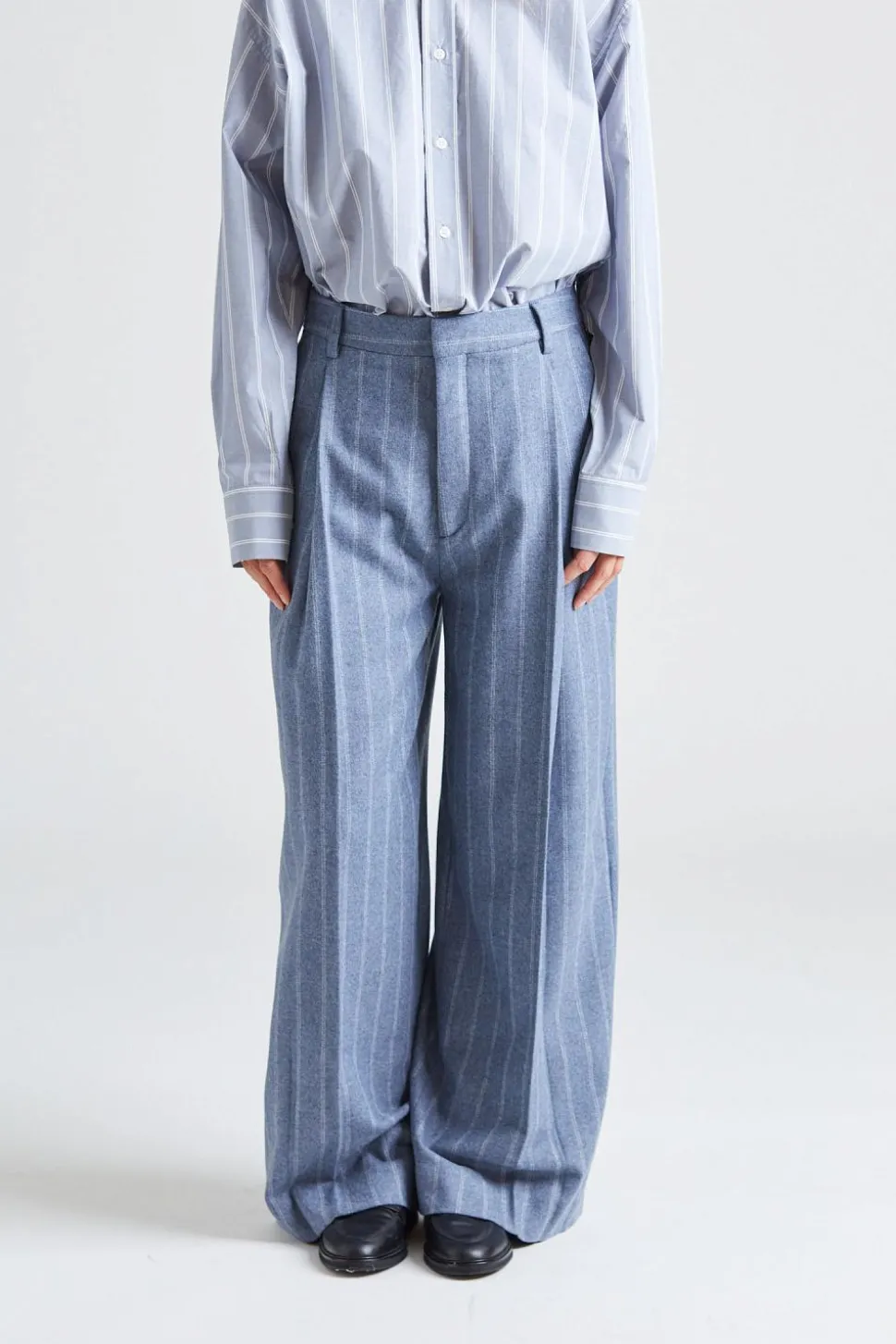 Wide Pleated Striped Trousers Grey Blue Stripe