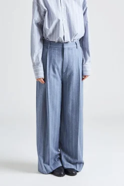 Wide Pleated Striped Trousers Grey Blue Stripe