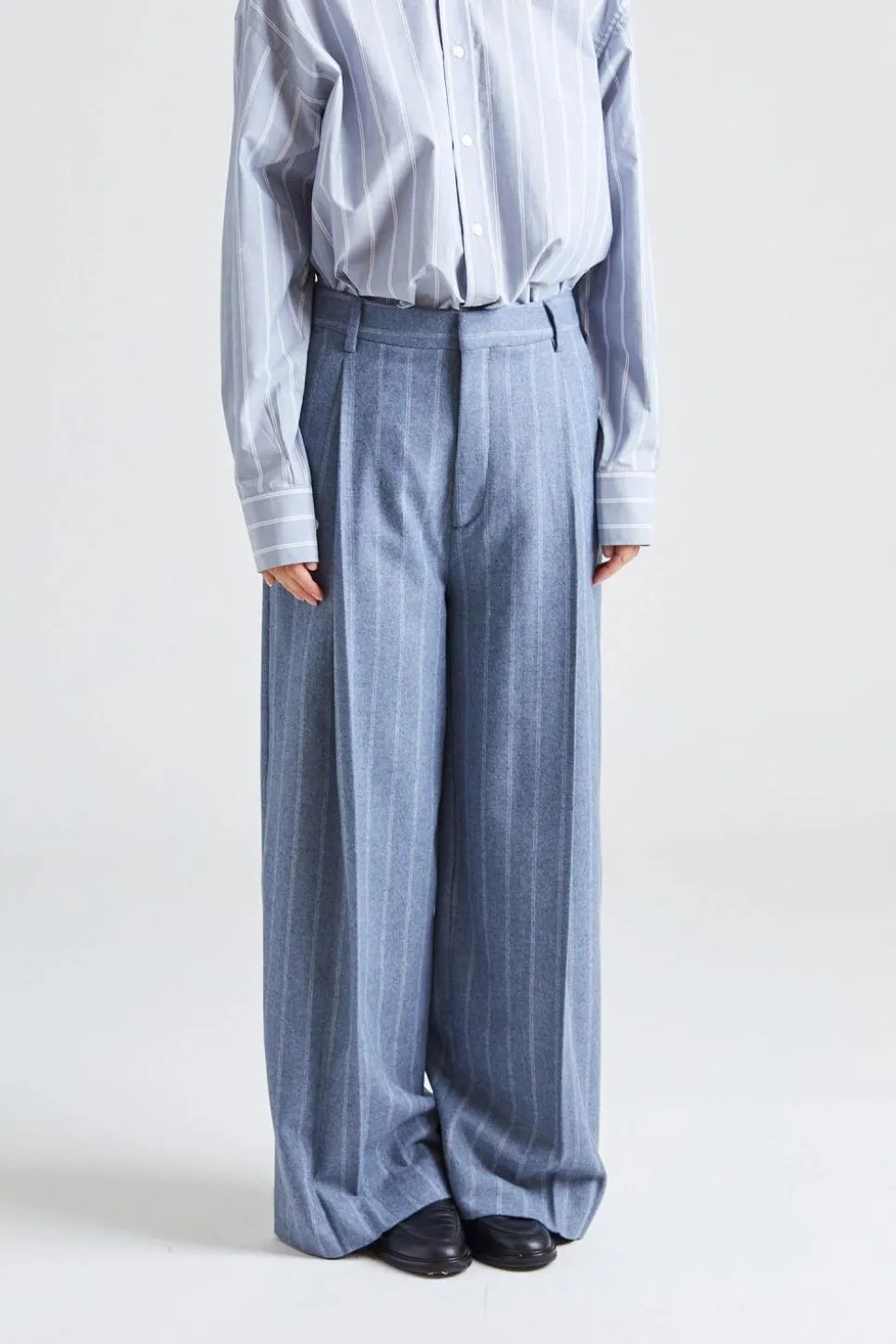 Wide Pleated Striped Trousers Grey Blue Stripe