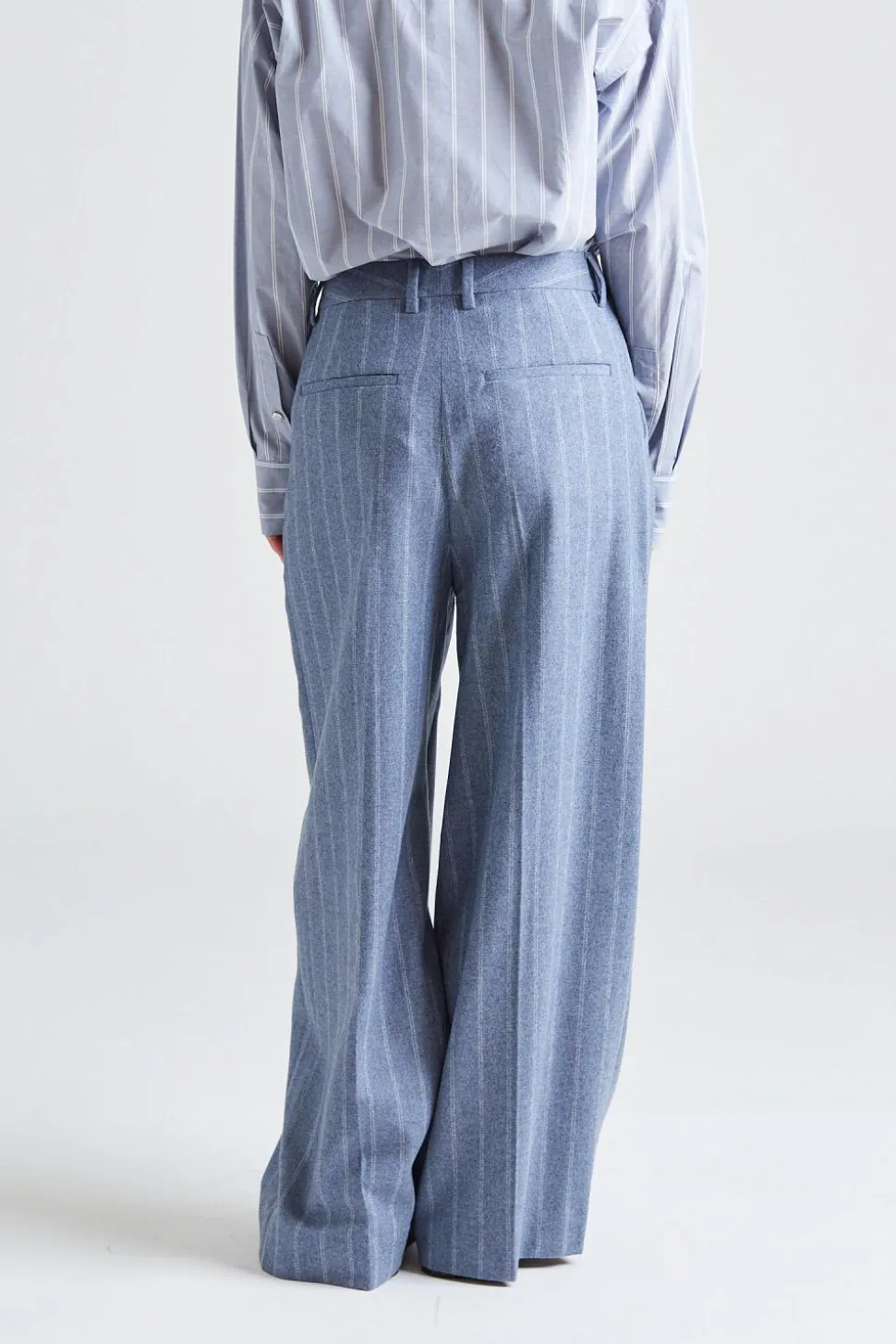 Wide Pleated Striped Trousers Grey Blue Stripe