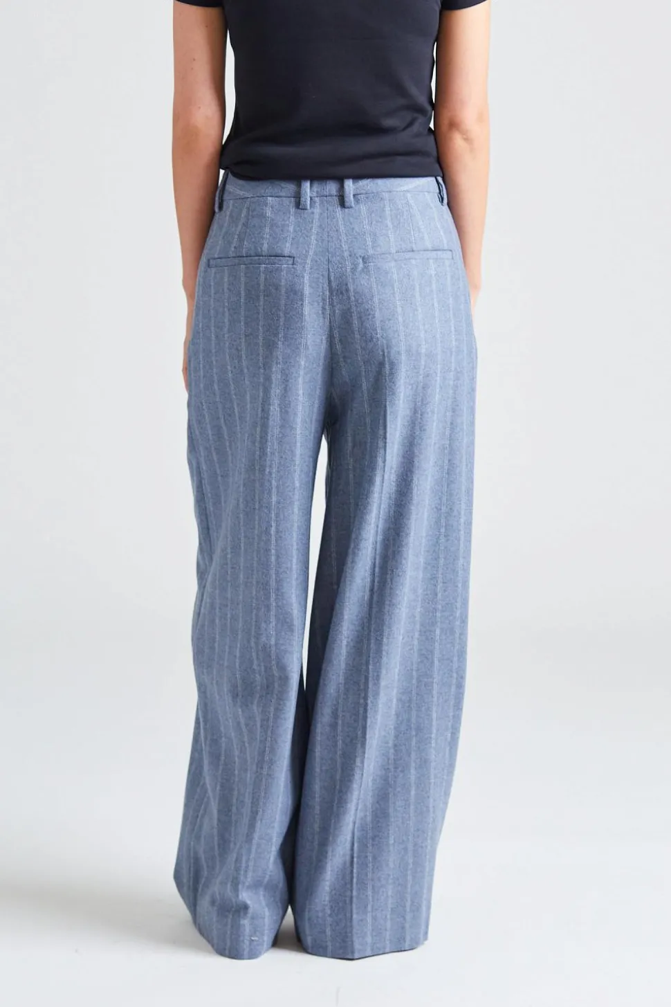 Wide Pleated Striped Trousers Grey Blue Stripe