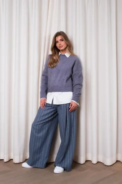 Wide Pleated Striped Trousers Grey Blue Stripe