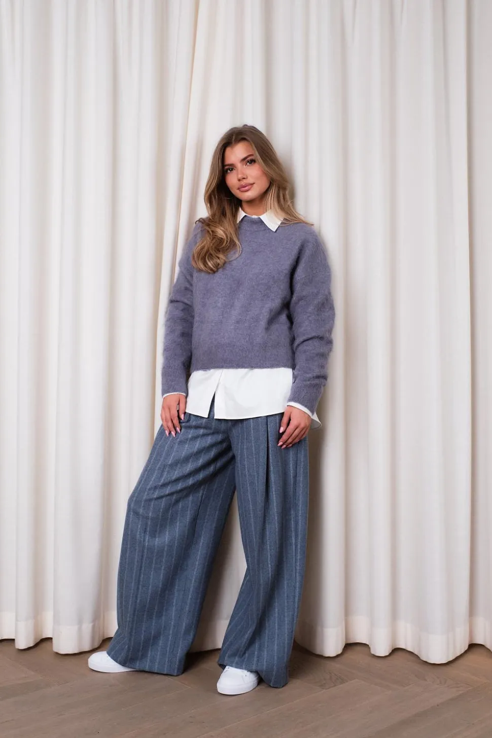 Wide Pleated Striped Trousers Grey Blue Stripe