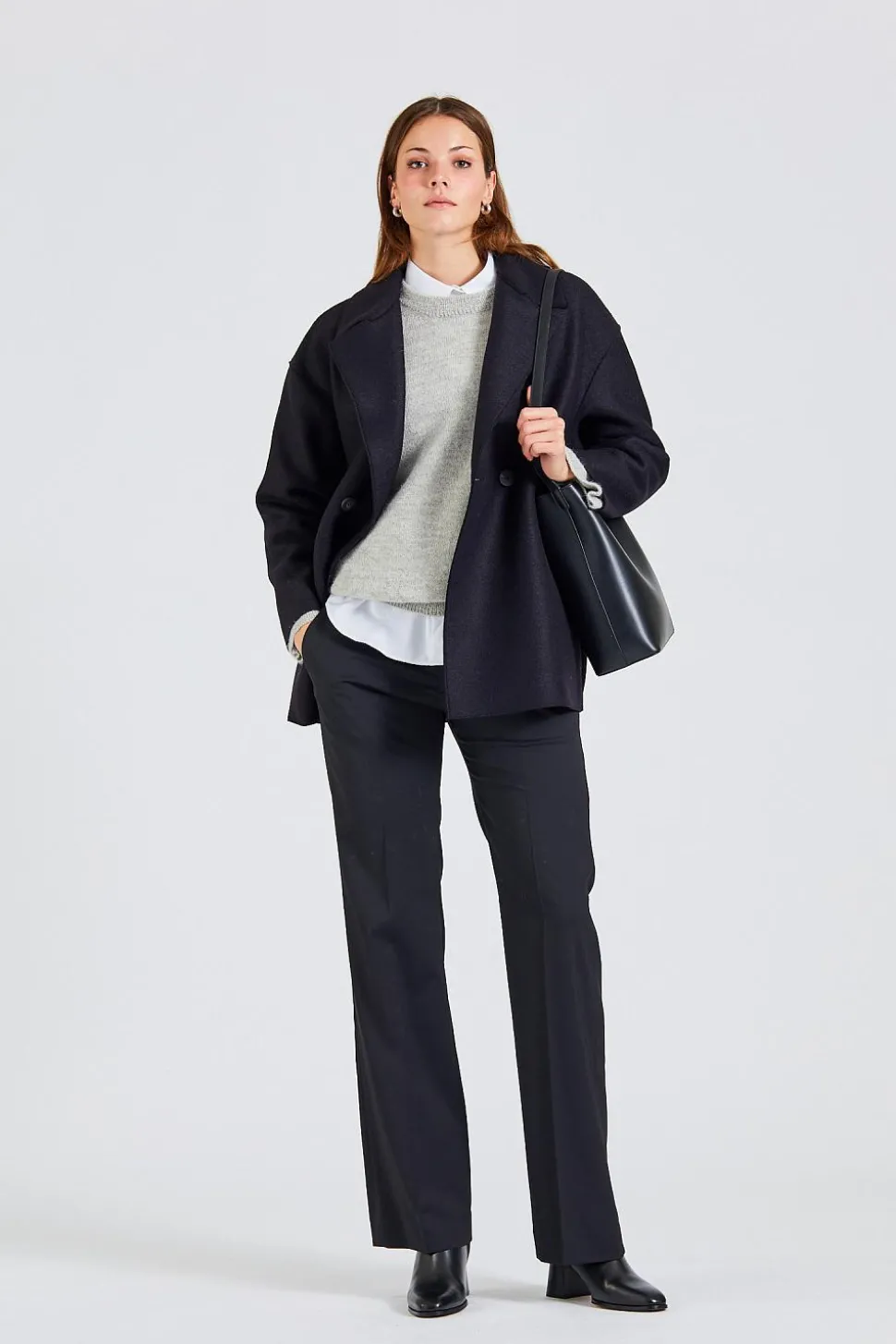 Women Dropped Shoulder D.B Jacket Pressed Wool Black