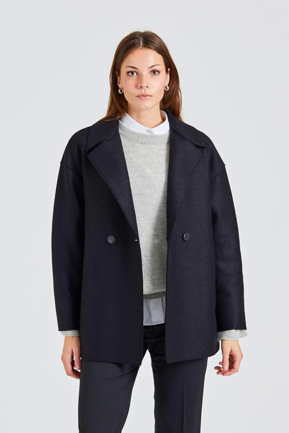 Women Dropped Shoulder D.B Jacket Pressed Wool Black