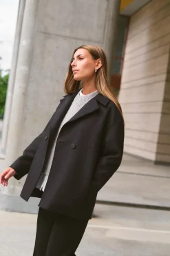 Women Dropped Shoulder D.B Jacket Pressed Wool Black