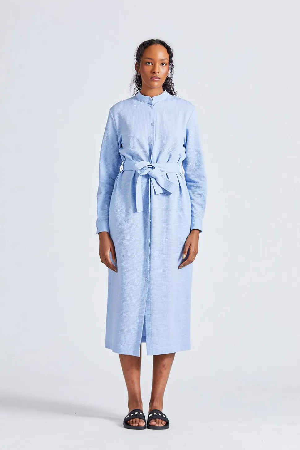 Women Long Belted Shirt Dress Light Blue
