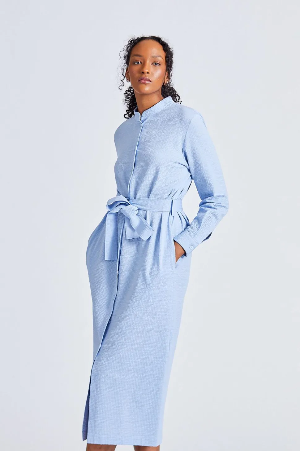 Women Long Belted Shirt Dress Light Blue