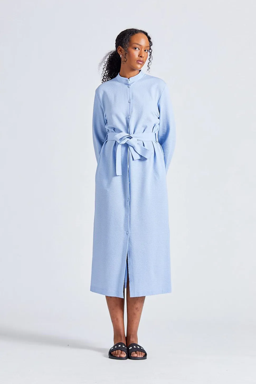 Women Long Belted Shirt Dress Light Blue