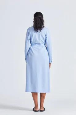 Women Long Belted Shirt Dress Light Blue
