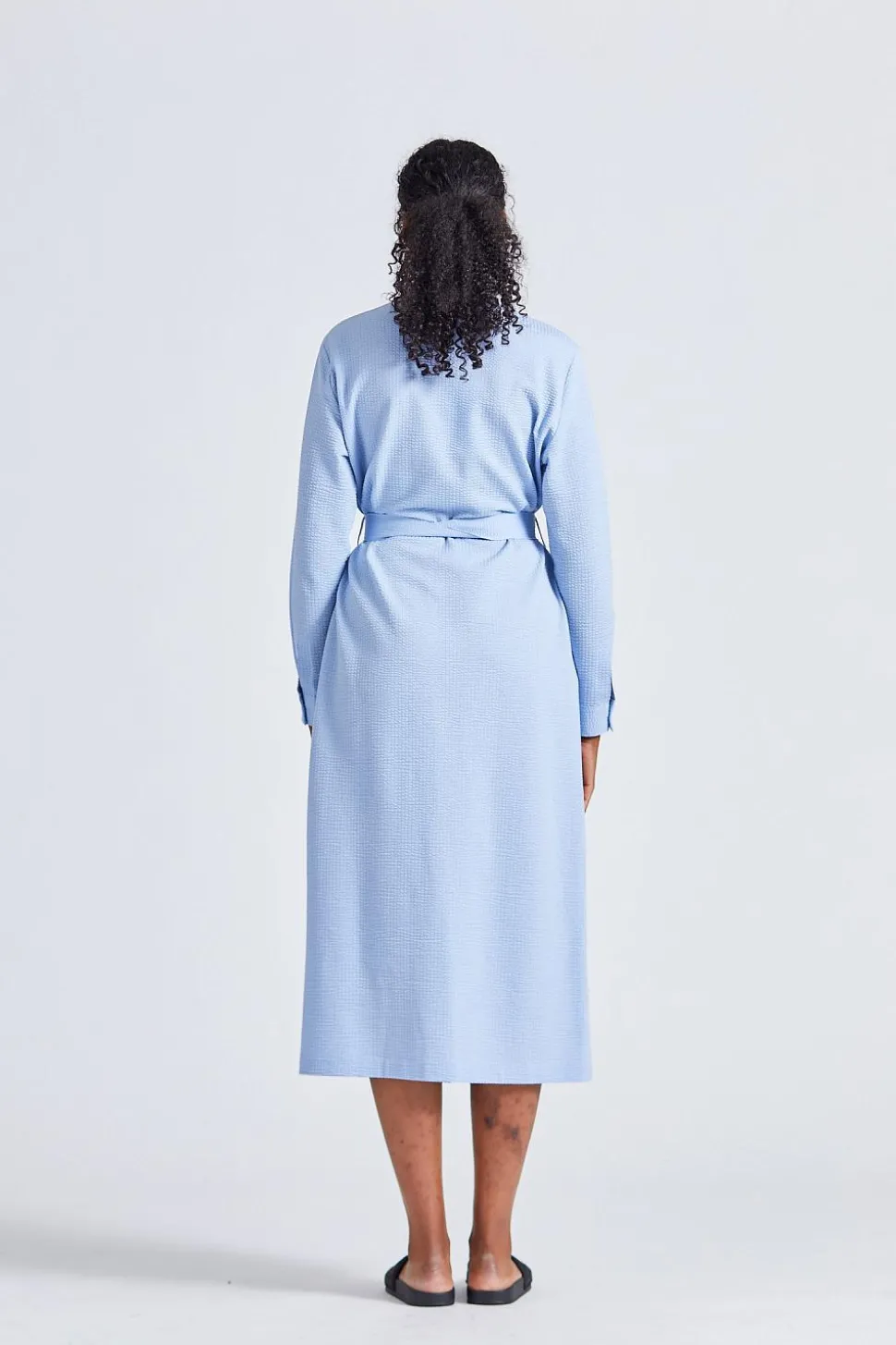 Women Long Belted Shirt Dress Light Blue