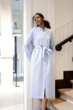 Women Long Belted Shirt Dress Light Blue