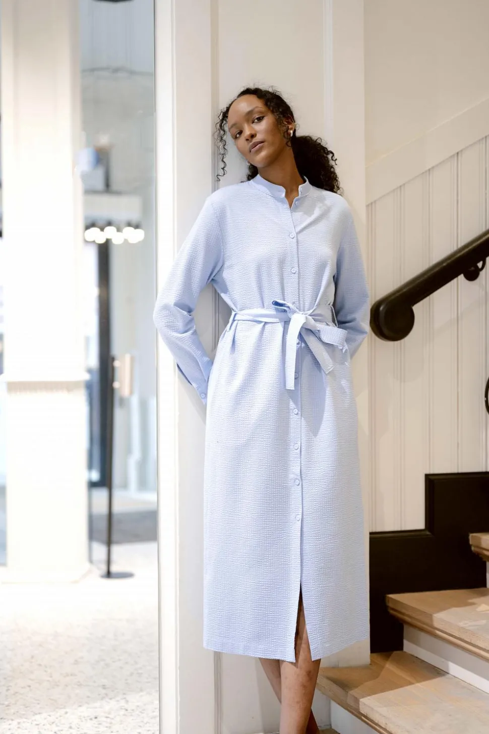 Women Long Belted Shirt Dress Light Blue