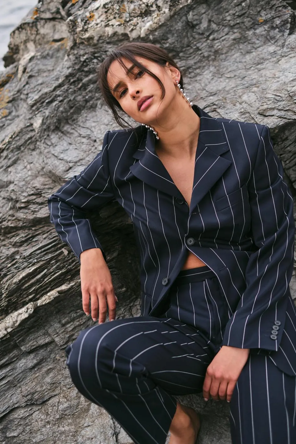 Wool Pinstripe Blazer Navy