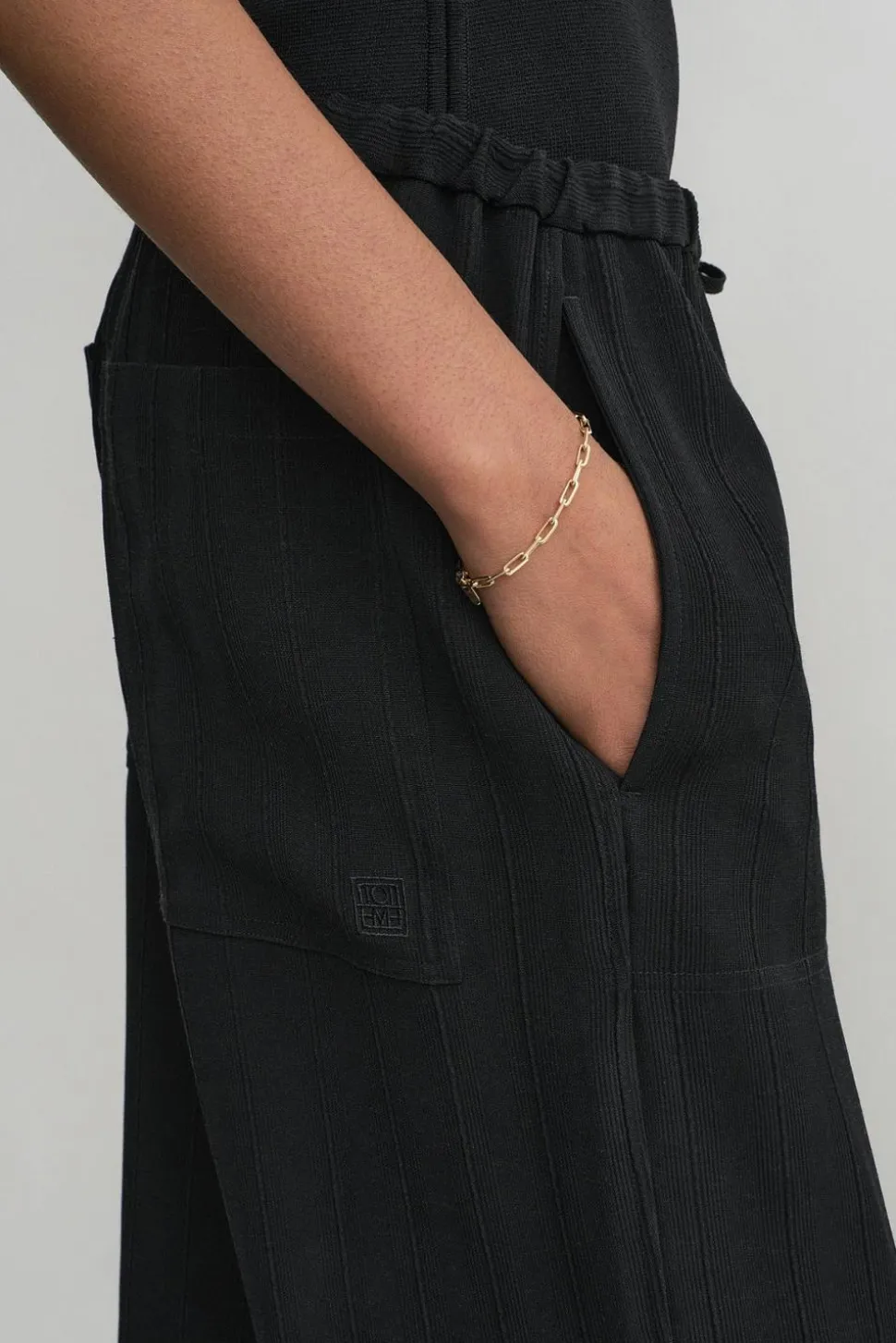 Woven Stripe Drawstring Trousers Black