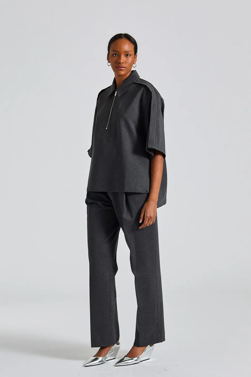 Zip Detail Polo Top Steel Grey Melange